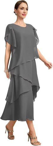 Flutter Sleeves Mother of The Bride Dresses for Women Floral Chiffon Formal Long Dress for Wedding Guest Grey US18 in Kuwait