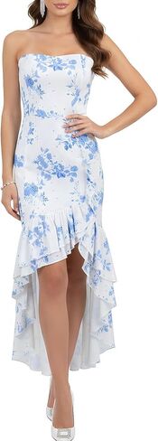 Women's Sexy Elegant Layered Frilled Ruffles Asymmetrical Hem Backless Strapless Maxi Bodycon Dress in Kuwait