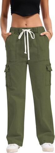 YOCUR Mid Rise Cargo Jeans Women Elastic Waist Stretch Wide Leg Denim Pants Pockets Multistyle Straight Leg Denim Trousers in Kuwait