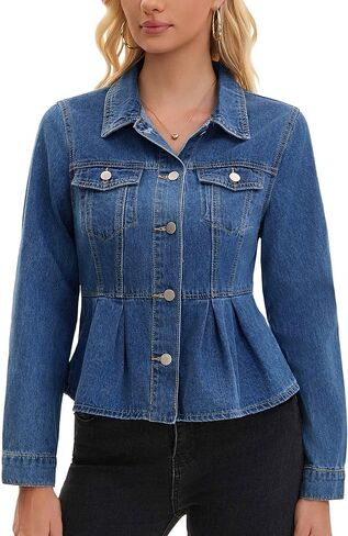 Women's Denim Jacket Button Down Collar Ruffle Hem with Pockets Peplum Jean Jackets in Saudi Arabia
