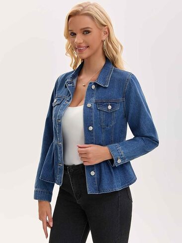 Women's Denim Jacket Button Down Collar Ruffle Hem with Pockets Peplum Jean Jackets in Saudi Arabia