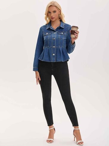 Women's Denim Jacket Button Down Collar Ruffle Hem with Pockets Peplum Jean Jackets in Saudi Arabia