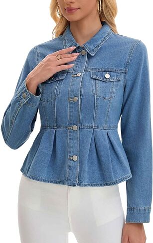 Women's Denim Jacket Button Down Collar Ruffle Hem with Pockets Peplum Jean Jackets in Kuwait