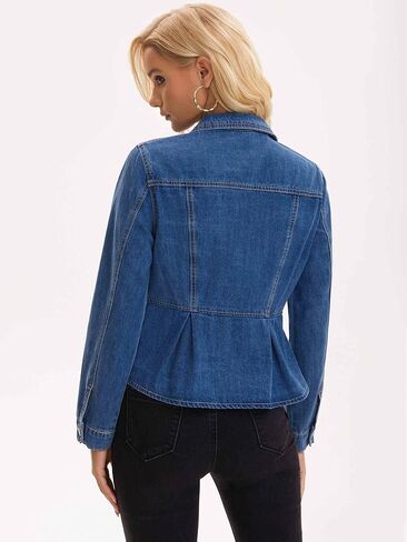 Women's Denim Jacket Button Down Collar Ruffle Hem with Pockets Peplum Jean Jackets in Saudi Arabia