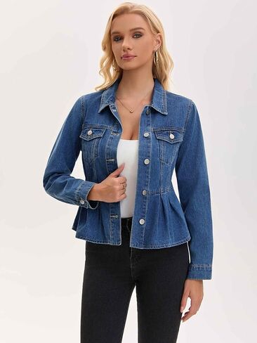 Women's Denim Jacket Button Down Collar Ruffle Hem with Pockets Peplum Jean Jackets in Saudi Arabia