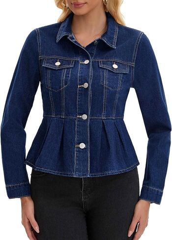 Women's Denim Jacket Button Down Collar Ruffle Hem with Pockets Peplum Jean Jackets in Saudi Arabia