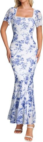 Parthea Womens Floral Mesh Square Neck Lace Ruffle Short Sleeve Dress Elegant Summer Wedding Guest Maxi Dress in Kuwait