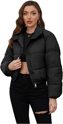Wyeysyt Women's Cropped Puffer Jacket Winter Quilted Lightweight Stand Collar Coats with Pockets(Black-S) in Kuwait