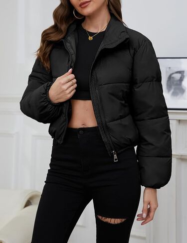 Wyeysyt Women's Cropped Puffer Jacket Winter Quilted Lightweight Stand Collar Coats with Pockets(Black-S) in Kuwait