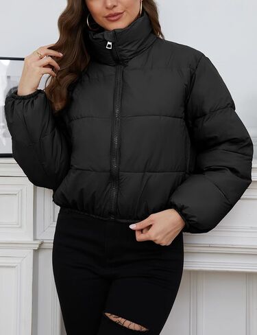 Wyeysyt Women's Cropped Puffer Jacket Winter Quilted Lightweight Stand Collar Coats with Pockets(Black-S) in Kuwait