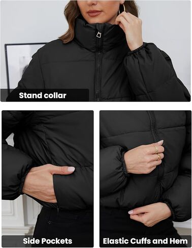 Wyeysyt Women's Cropped Puffer Jacket Winter Quilted Lightweight Stand Collar Coats with Pockets(Black-S) in Kuwait