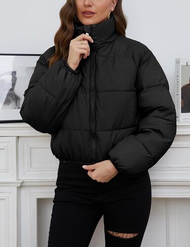 Wyeysyt Women's Cropped Puffer Jacket Winter Quilted Lightweight Stand Collar Coats with Pockets(Black-S) in Kuwait