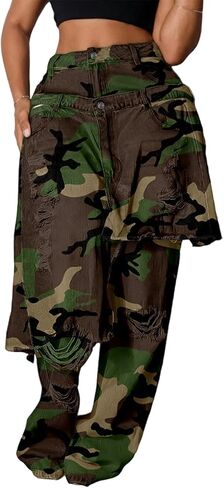 Womens Ripped Jeans Baggy High Waisted Straight Wide Leg Asymmetrical Patchwork Distressed Y2K Denim Pants in Kuwait