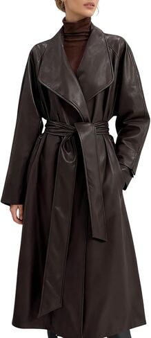 utcoco Womens Faux Leather Classic Lapel Trench Coat Long Leather Blazer Jackets Open Front with Belt in Saudi Arabia
