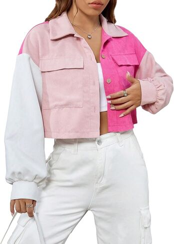 WDIRARA Women's Colorblock Button Front Drop Shoulder Lantern Sleeve Jacket with Pockets in Saudi Arabia