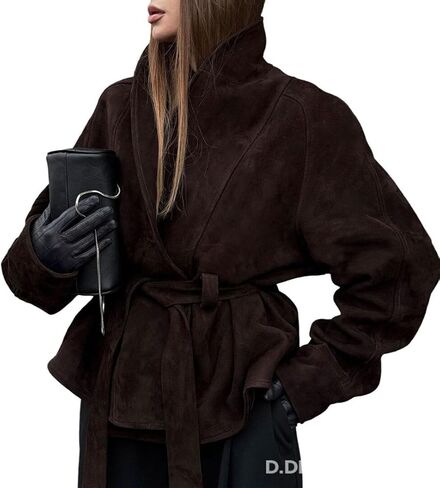 THLAI Womens Suede Jacket Long Sleeve Retro Lace Up Motorcycle Jacket Casual Daily Coat in Kuwait