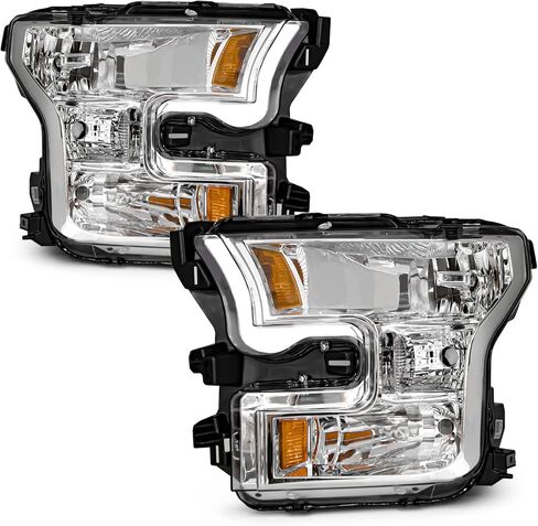 Headlight Assembly for 2015 2016 2017 Ford F150 with Chrome Housing Amber Reflector Driver and Passenger Side (Not compatible on models with LED or HID headlights) in Kuwait