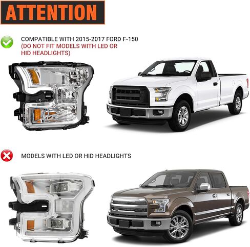 Headlight Assembly for 2015 2016 2017 Ford F150 with Chrome Housing Amber Reflector Driver and Passenger Side (Not compatible on models with LED or HID headlights) in Kuwait