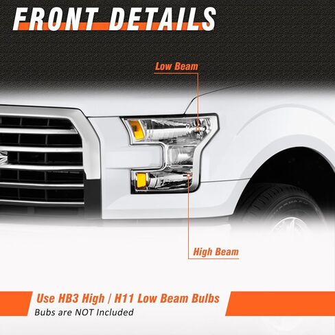 Headlight Assembly for 2015 2016 2017 Ford F150 with Chrome Housing Amber Reflector Driver and Passenger Side (Not compatible on models with LED or HID headlights) in Kuwait