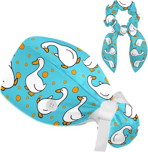 Scrub Caps Women with Button,Adjustable Surgical Caps with Ponytail Pouch,Cartoon Goose Cute Duck Animal Blue Working Cap with Bow Hair Scrunchy in Saudi Arabia