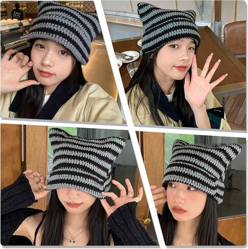 Crochet Hats for Women Y2k-Accessories Vintage Beanies Cat Beanie Fox Hat Grunge Accessories Knit Hat Winter Warm Little Devil Hats Slouchy Beanies for Women Girl in Saudi Arabia