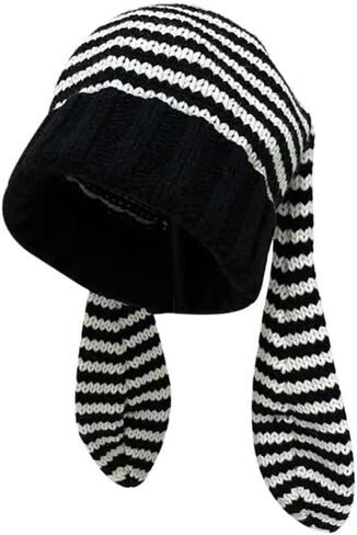 Women Beanie Hat Keep Warm Funny Knitted Stripe Skull Cap Soft Bunny Long Ears Rabbit Ears Hat Ladies(Black&White) Beige in Saudi Arabia