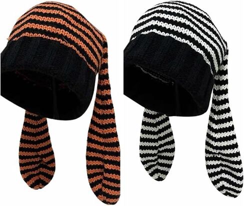 Women Beanie Hat Keep Warm Funny Knitted Stripe Skull Cap Soft Bunny Long Ears Rabbit Ears Hat Ladies(Black&White) Beige in Saudi Arabia