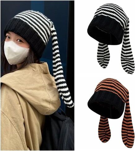 Women Beanie Hat Keep Warm Funny Knitted Stripe Skull Cap Soft Bunny Long Ears Rabbit Ears Hat Ladies(Black&White) Beige in Saudi Arabia