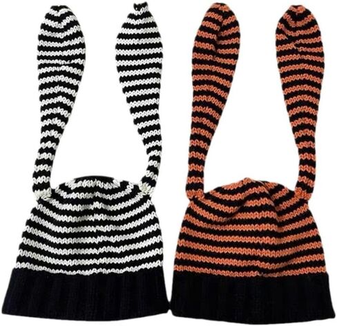 Women Beanie Hat Keep Warm Funny Knitted Stripe Skull Cap Soft Bunny Long Ears Rabbit Ears Hat Ladies(Black&White) Beige in Saudi Arabia