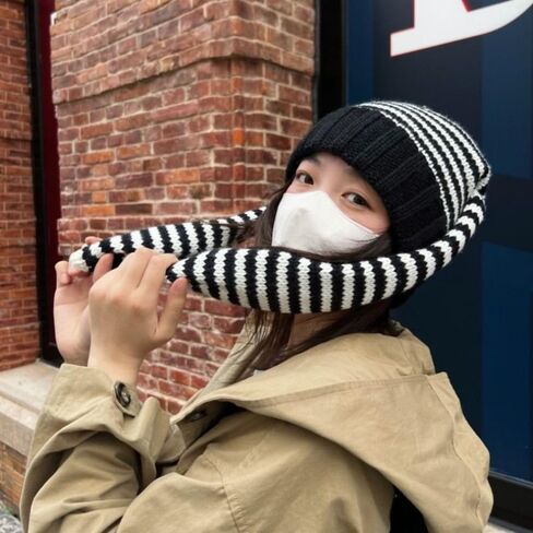 Women Beanie Hat Keep Warm Funny Knitted Stripe Skull Cap Soft Bunny Long Ears Rabbit Ears Hat Ladies(Black&White) Beige in Saudi Arabia