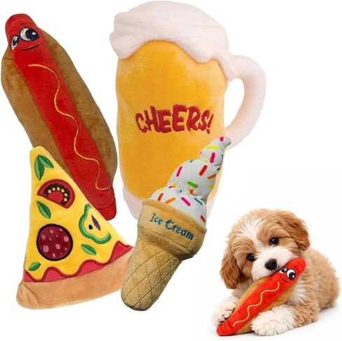 Hydrodogz 4 Pack Squeaky Plush Dog Chew Toy Puppy Meal Deal Hot Dog, Pizza, Beer, Ice Cream, Cute Interactive Crinkle Toy for Aggressive Dogs, for All Breeds and Sizes in Kuwait
