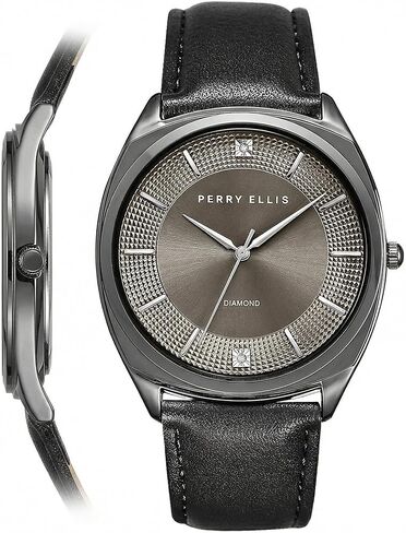 Perry Ellis Ultra Slim Diamond Men’s Watch – Round Gray Sunray Dial, Black Leather Strap, Water-Resistant Analog in Saudi Arabia