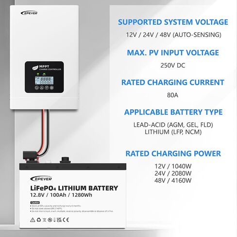 Epever 80A Mppt Solar Charge Controller Max PV 250V Input TEP Series 12v / 24v / 48v نظام البطارية يعمل مع بطاريات Lifepo4 in Saudi Arabia