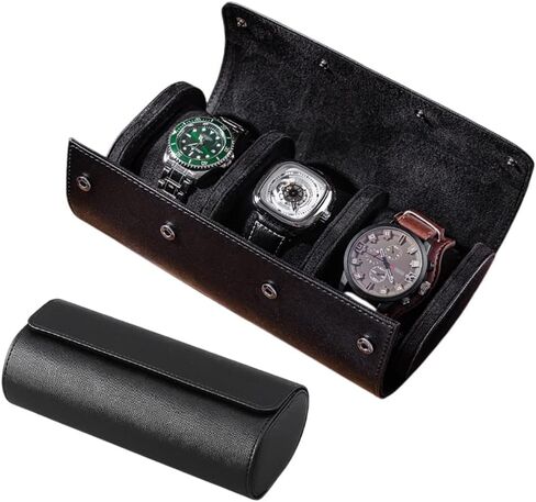 PINHEN 3 Watch Travel Case -Classic Leather Watch Case with Perfect Texture,Watch Carrying Case or Organizer for Storage and Display-Ideal Luxury Gift for Father's Day(Black) in Kuwait