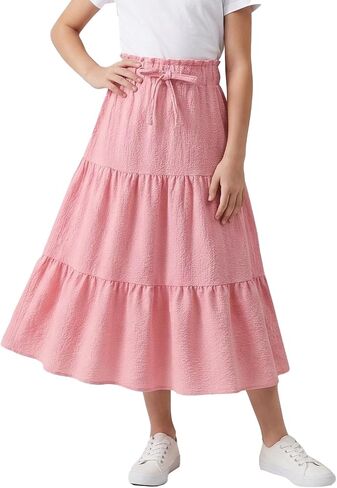 NEW 6-14Y Girls Tiered Maxi Skirt Boho Flowy A-Line High Waisted Casual Long Skirts for Beach Vacation in Saudi Arabia