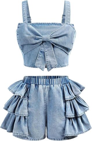 MakeMeChic Girl's 2 Piece Denim Cute Outfits Bow Knot Crop Tank Tops and Ruffle Tiered Jorts Clothing Sets in Saudi Arabia