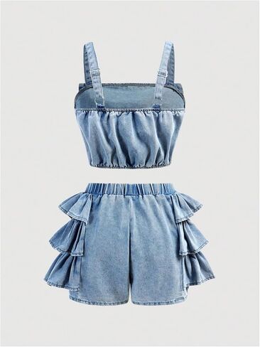 MakeMeChic Girl's 2 Piece Denim Cute Outfits Bow Knot Crop Tank Tops and Ruffle Tiered Jorts Clothing Sets in Saudi Arabia