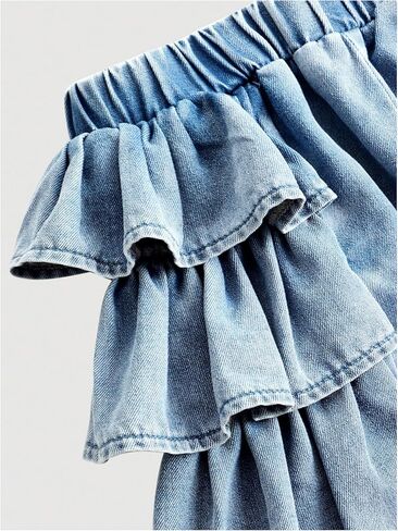 MakeMeChic Girl's 2 Piece Denim Cute Outfits Bow Knot Crop Tank Tops and Ruffle Tiered Jorts Clothing Sets in Saudi Arabia