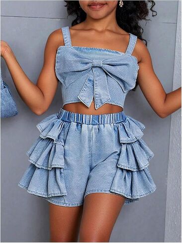 MakeMeChic Girl's 2 Piece Denim Cute Outfits Bow Knot Crop Tank Tops and Ruffle Tiered Jorts Clothing Sets in Saudi Arabia