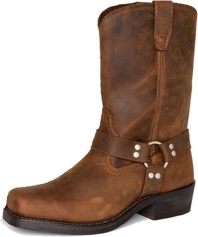 Premium Genuine Leather Motorcycle Boots Men with Harness Straps Mid Calf Pull On Western Boots for Riding and Casual Wear in Saudi Arabia