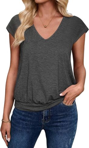 V Neck Cap Sleeve Top Women Banded Bottom T Shirts Fashion Blouse Summer Spring Beach Vacation Outfits Clothes 2026 in Saudi Arabia