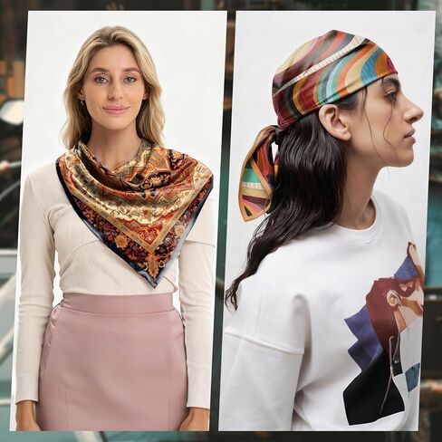 2PCS Silk Feeling Scarf 27.5 Inches Satin Large Square Head Hair Wrap Scarves Bandanas Cute Aesthetic for Women Girls-Red in Kuwait