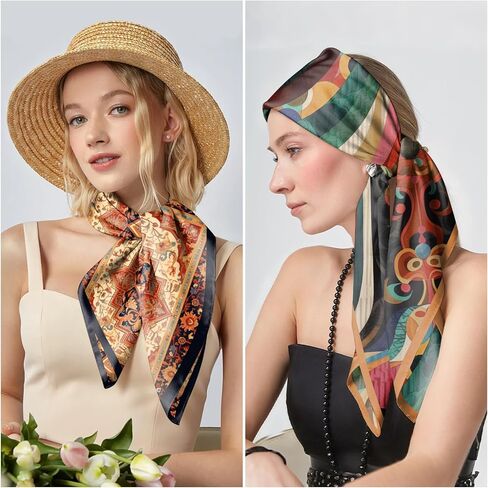 2PCS Silk Feeling Scarf 27.5 Inches Satin Large Square Head Hair Wrap Scarves Bandanas Cute Aesthetic for Women Girls-Red in Kuwait