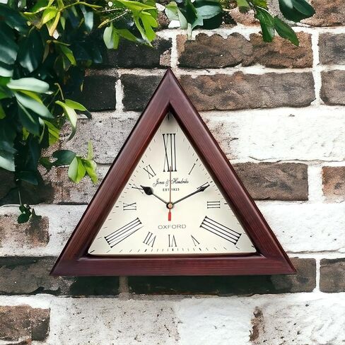Brown Wooden Triangle Shape Wooden Wall Clock - Vintage Nautical Style Roman Number Silent Wall Clock - Mid Century Modern Battery Operated Mantel Wall Hanging Clock (12 Inch) in Saudi Arabia
