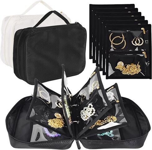 حقيبة تنظيم مجوهرات السفر من STARVAST مكونة من قطعتين، حافظة مجوهرات مع 6 صفحات أكياس مخملية بسحاب شفاف لتخزين الأقراط والخواتم والقلادة والسوار والساعة (أسود فاتح أبيض) in Kuwait