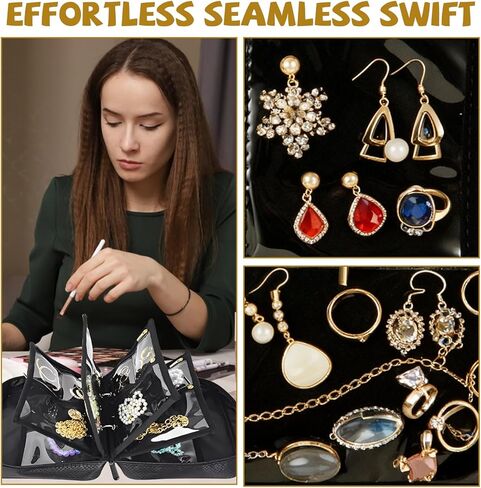 حقيبة تنظيم مجوهرات السفر من STARVAST مكونة من قطعتين، حافظة مجوهرات مع 6 صفحات أكياس مخملية بسحاب شفاف لتخزين الأقراط والخواتم والقلادة والسوار والساعة (أسود فاتح أبيض) in Kuwait