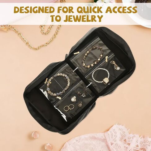 حقيبة تنظيم مجوهرات السفر من STARVAST مكونة من قطعتين، حافظة مجوهرات مع 6 صفحات أكياس مخملية بسحاب شفاف لتخزين الأقراط والخواتم والقلادة والسوار والساعة (أسود فاتح أبيض) in Kuwait