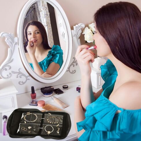 حقيبة تنظيم مجوهرات السفر من STARVAST مكونة من قطعتين، حافظة مجوهرات مع 6 صفحات أكياس مخملية بسحاب شفاف لتخزين الأقراط والخواتم والقلادة والسوار والساعة (أسود فاتح أبيض) in Kuwait