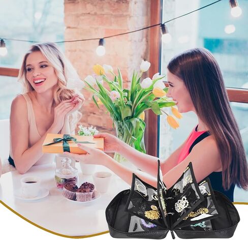 حقيبة تنظيم مجوهرات السفر من STARVAST مكونة من قطعتين، حافظة مجوهرات مع 6 صفحات أكياس مخملية بسحاب شفاف لتخزين الأقراط والخواتم والقلادة والسوار والساعة (أسود فاتح أبيض) in Kuwait