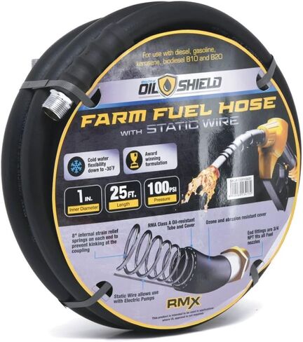 OIL SHIELD 1" x 25 ft Rubber Farm Fuel Transfer Hose with Static Wire - 2x Kink Resistance, Flexible to -30°F, Oil & Ozone Resistant, 100 PSI, Compatible with Electric Pumps in Kuwait